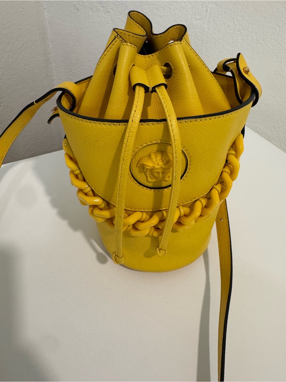 Yellow Drawstring Bucket Bag with Chain Detail